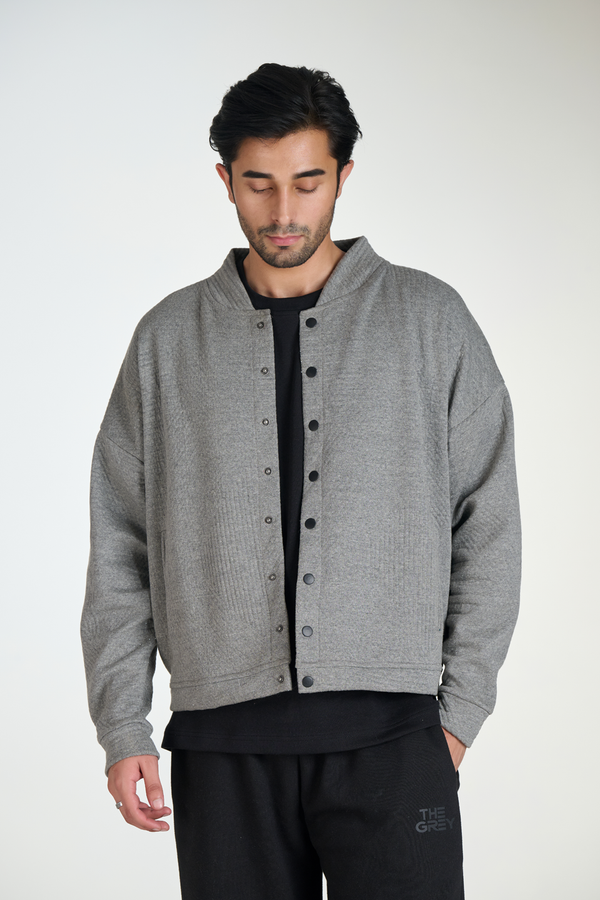 Jacquard Knit Button-Down Bomber (Heather-Grey)
