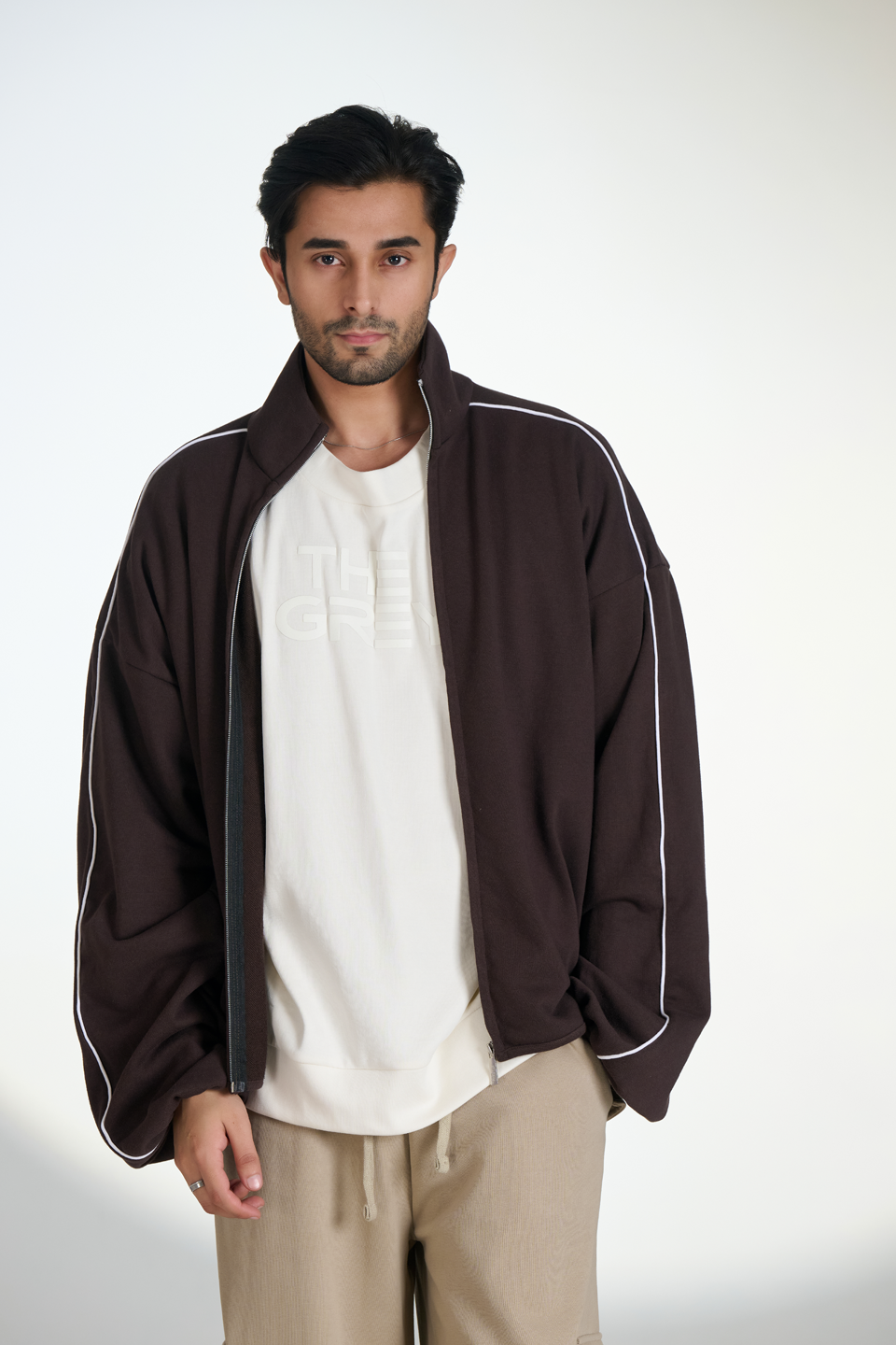 Interlock Exaggerated Sleeves Zipper Jacket (Brown)