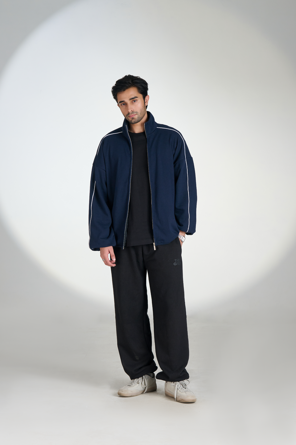 Interlock Exaggerated Sleeves Zipper Jacket (Navy Blue)