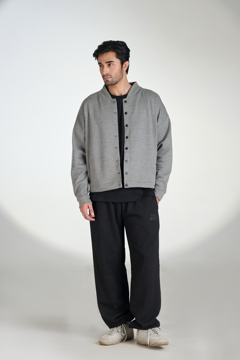Jacquard Knit Button-Down Bomber (Heather-Grey)