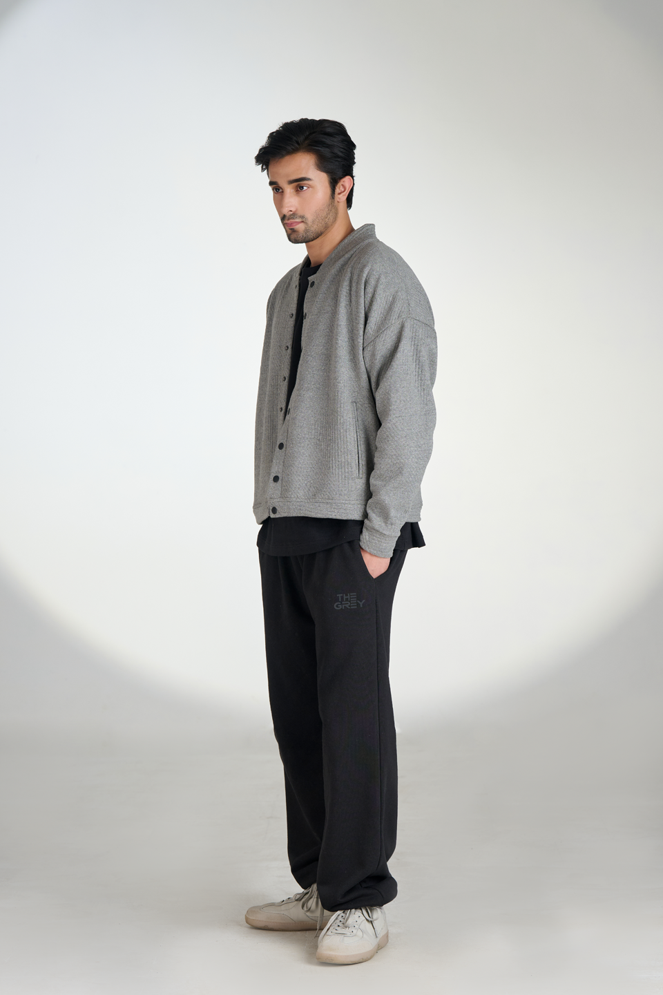 Jacquard Knit Button-Down Bomber (Heather-Grey)