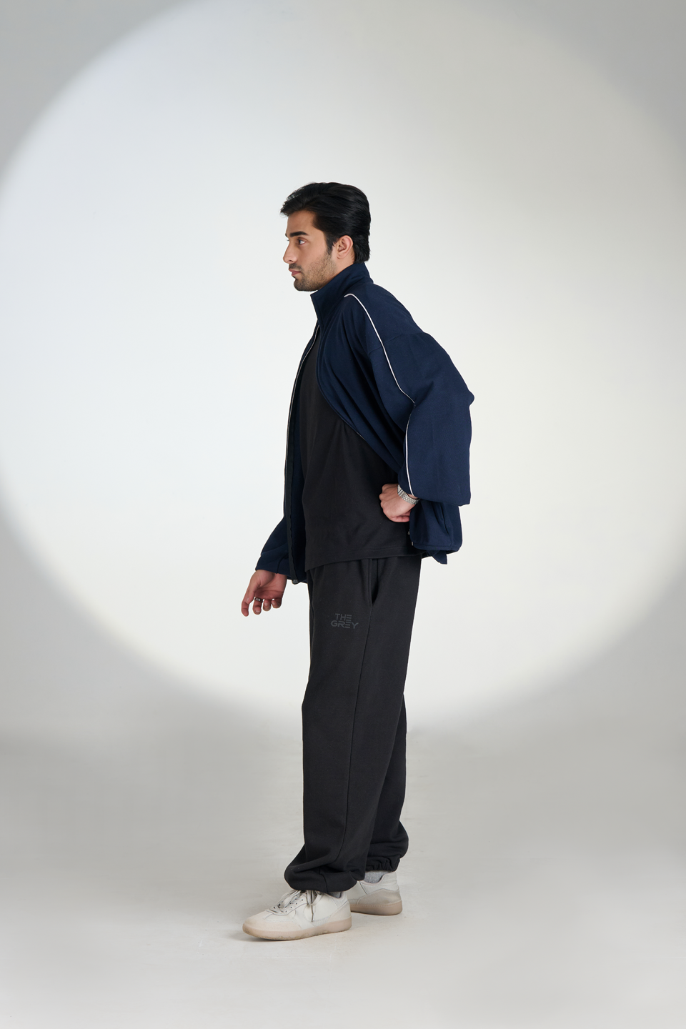 Interlock Exaggerated Sleeves Zipper Jacket (Navy Blue)