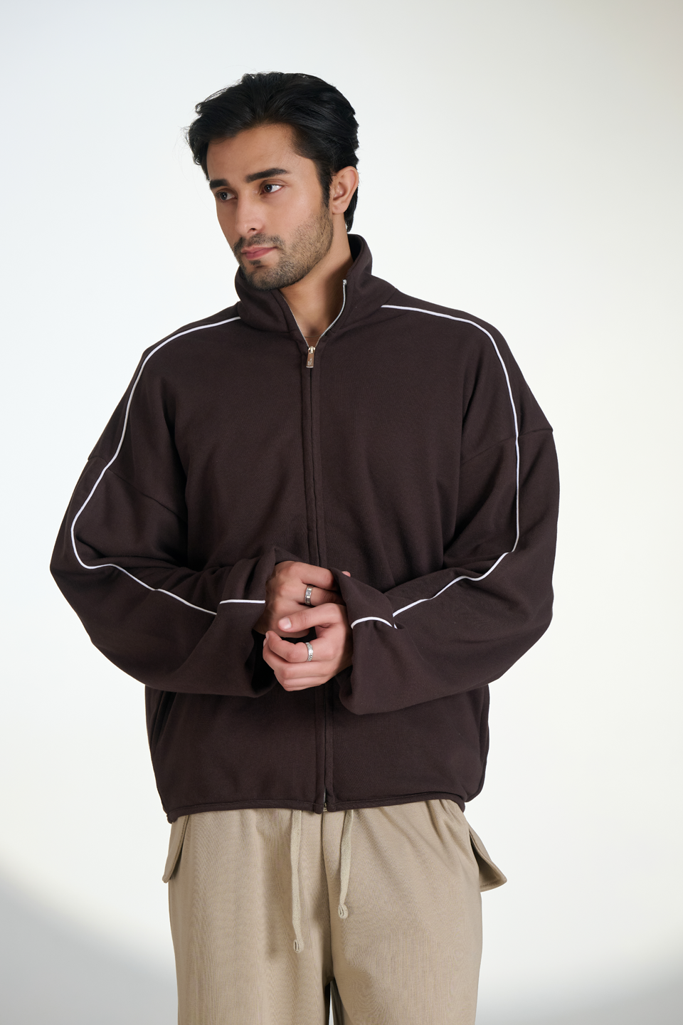 Interlock Exaggerated Sleeves Zipper Jacket (Brown)