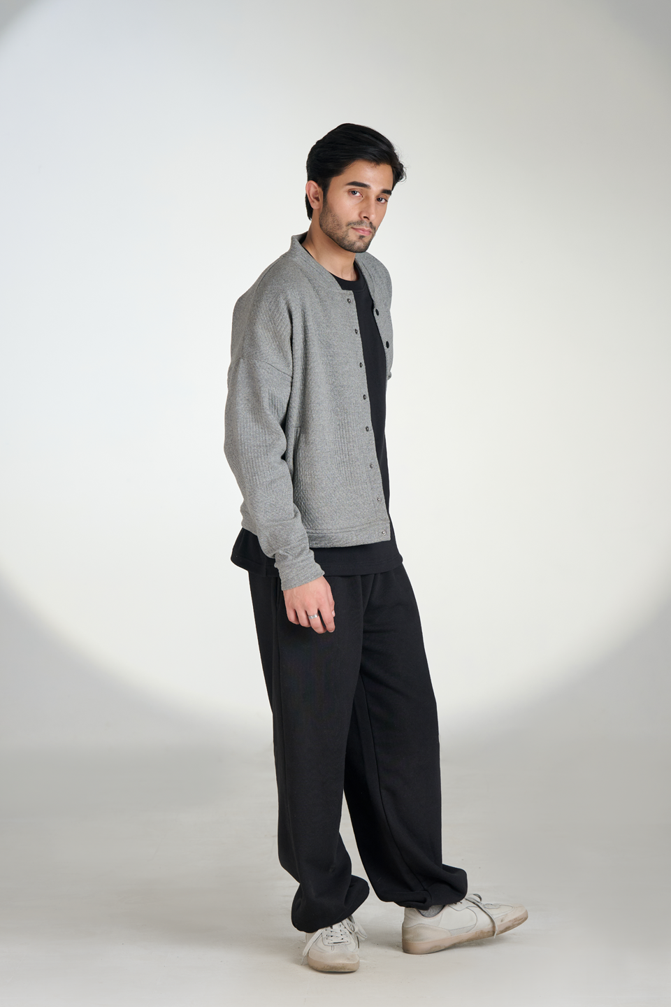 Jacquard Knit Button-Down Bomber (Heather-Grey)