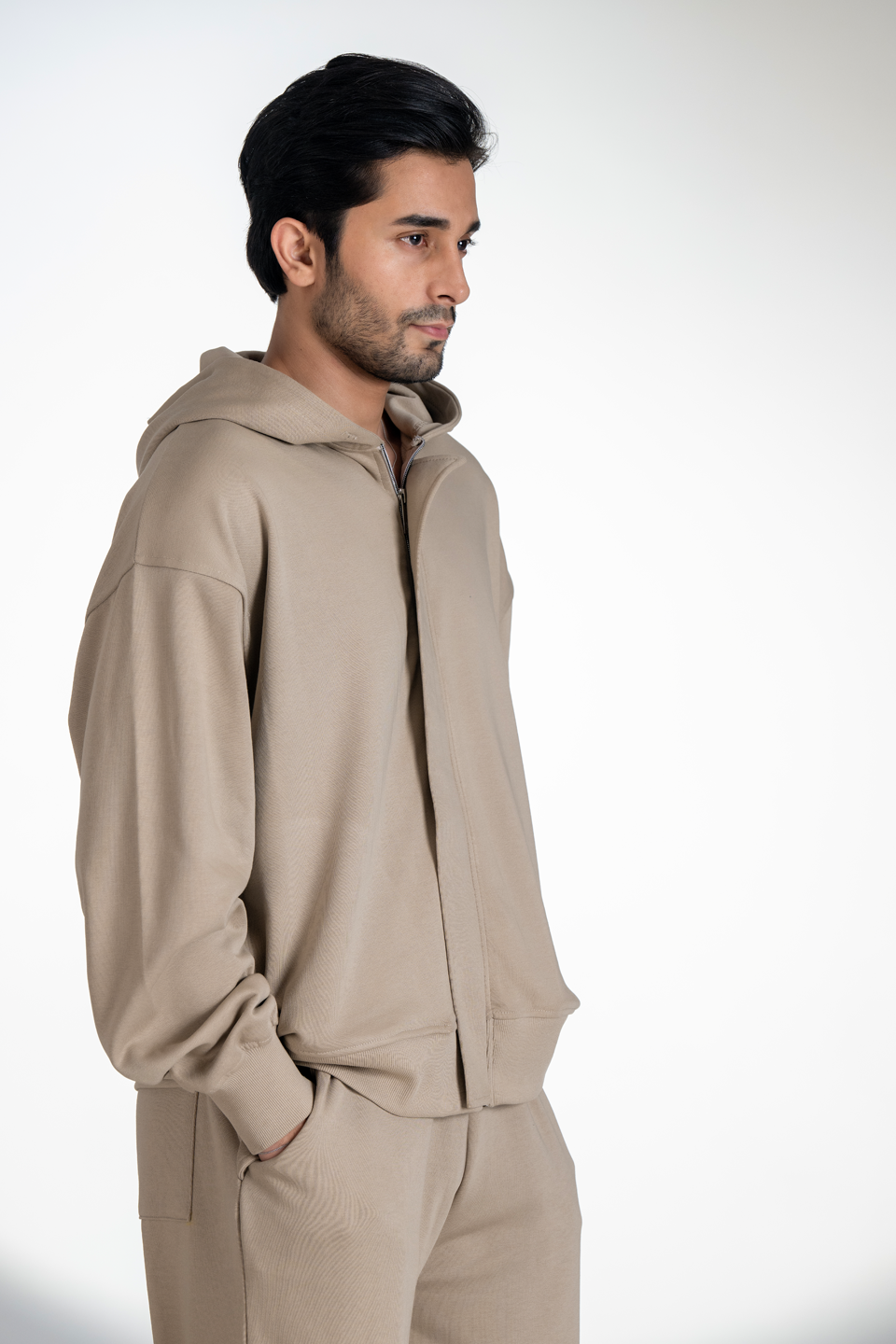 French Terry Zipper Hoodie (Beige)