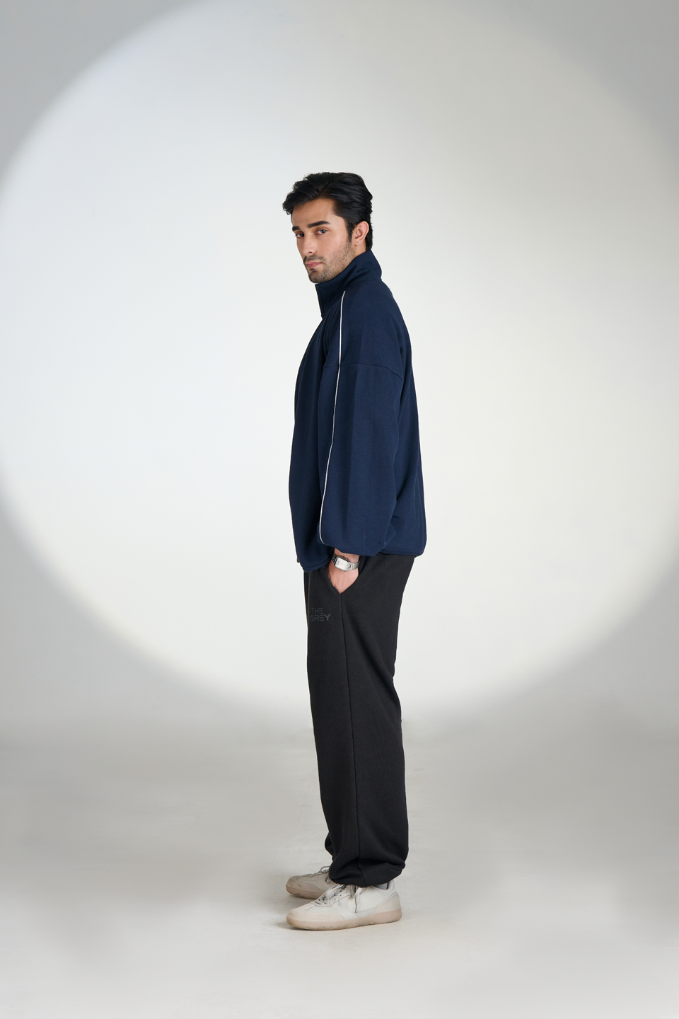 Interlock Exaggerated Sleeves Zipper Jacket (Navy Blue)