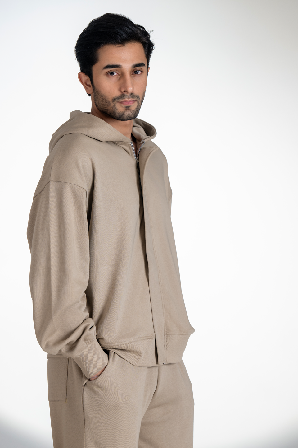French Terry Zipper Hoodie (Beige)