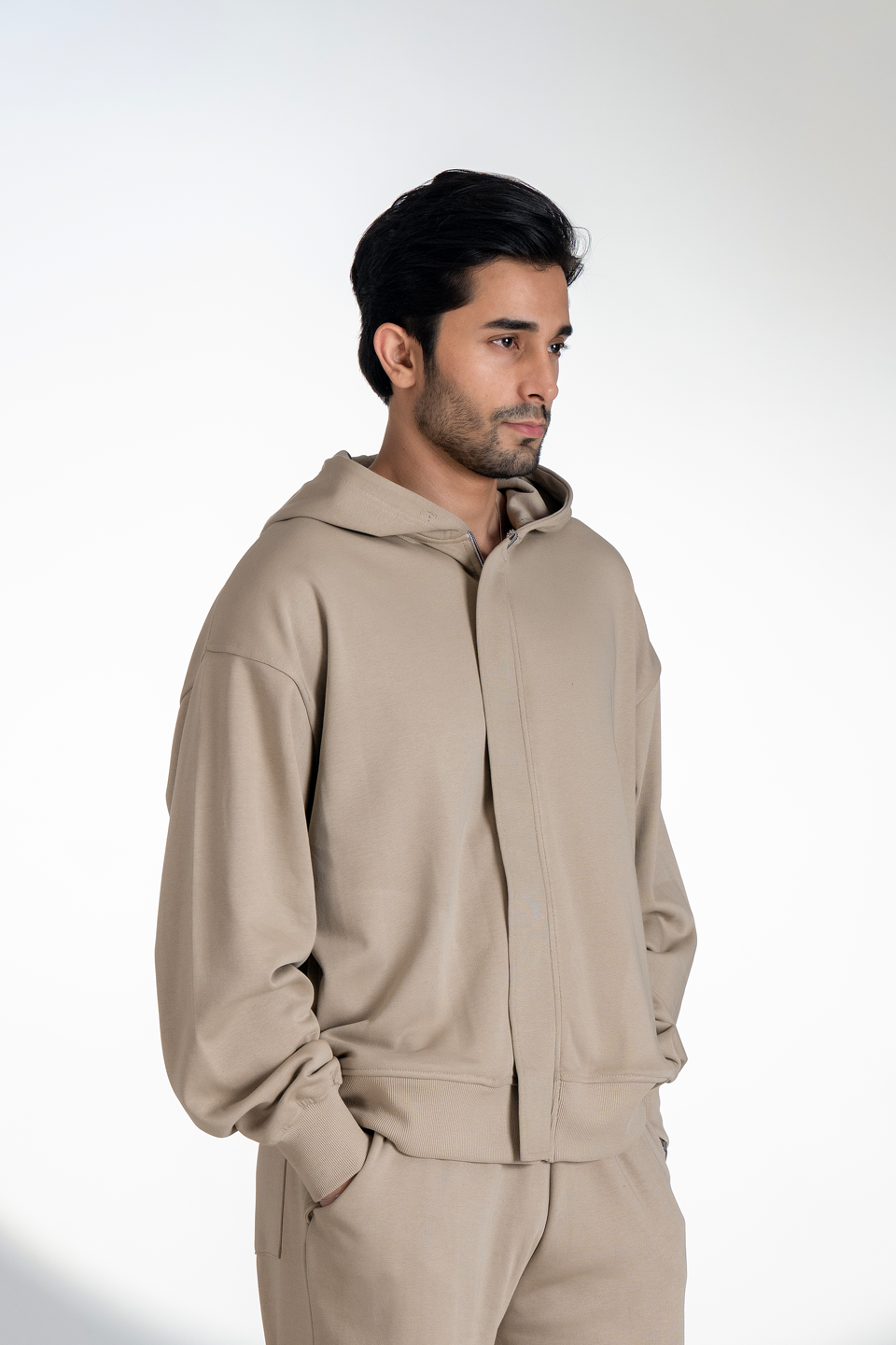 French Terry Zipper Hoodie (Beige)