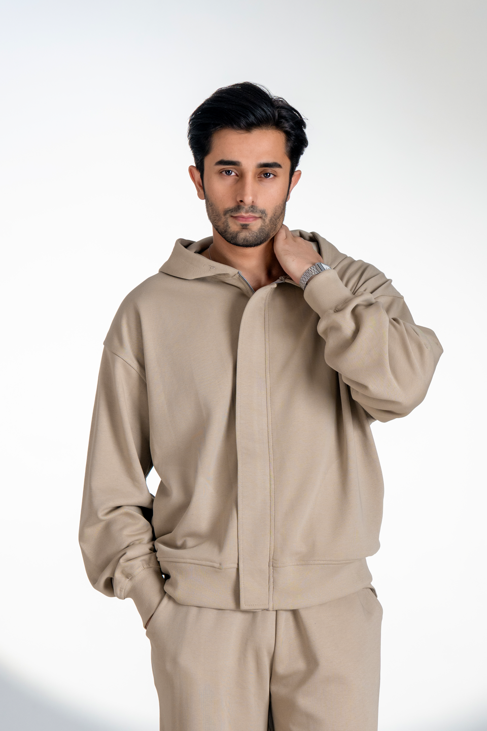 French Terry Zipper Hoodie (Beige)