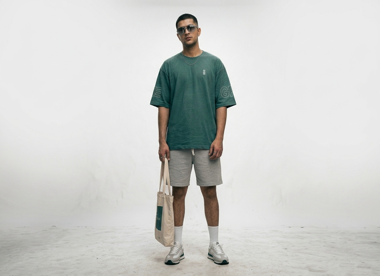 GREEN DROP SHOULDER JERSEY T-SHIRT WITH EMBOSS PRINT