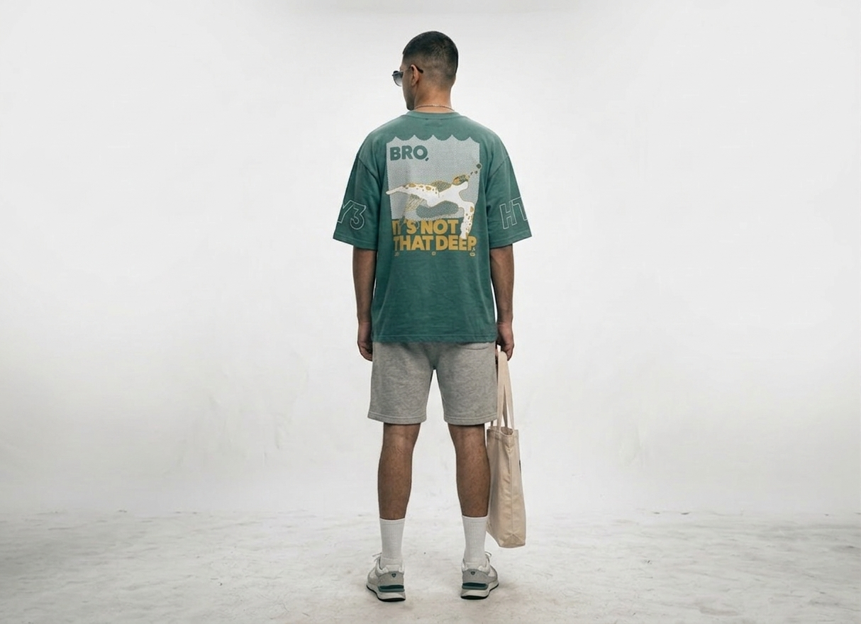 GREEN DROP SHOULDER JERSEY T-SHIRT WITH EMBOSS PRINT
